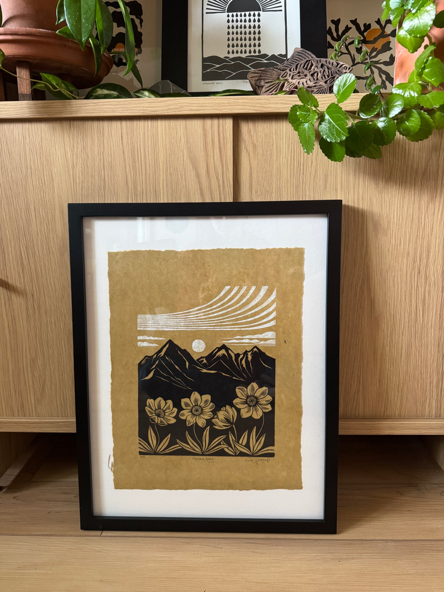 Framed Original Linocut 'Mountain Avens' at SteamDot