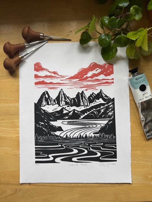 Framed 'Mendenhall Towers' print at Anchorage Distillery