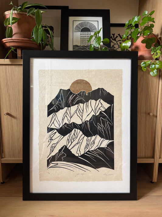 Framed Original Linocut 'Gunsight Ridgeline' Print at SteamDot