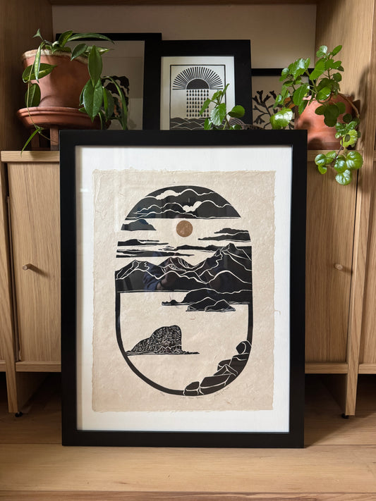 Framed original linocut 'Outer Point Beach' at SteamDot
