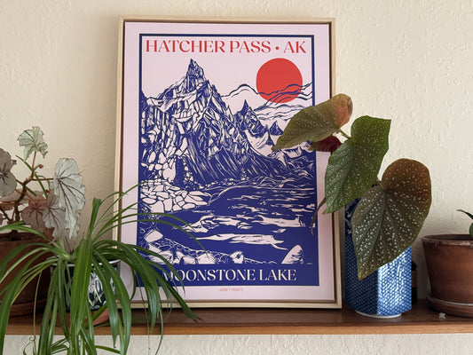 Framed Canvas 'Moonstone Lake' Print at Alpenglow coffeehouse in Girdwood