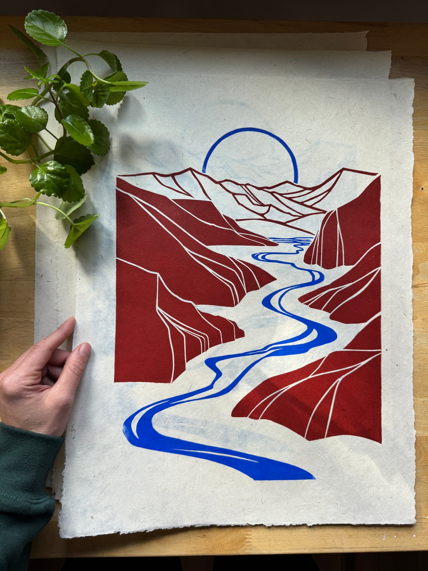 'Descent' rust red and blue test prints- SALE 50% off