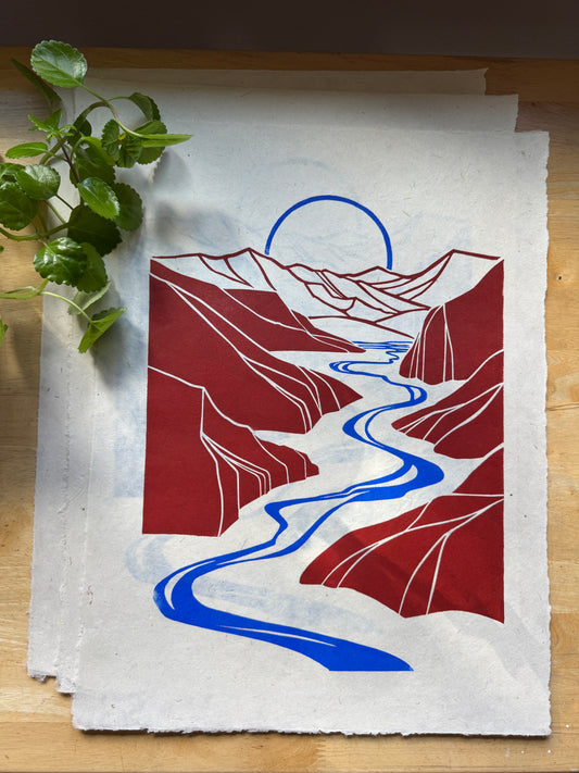 'Descent' rust red and blue test prints- SALE 50% off