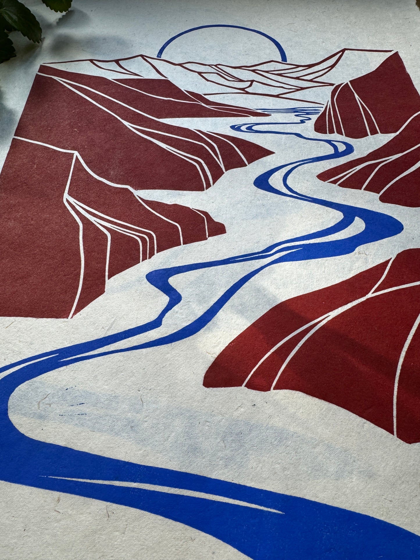 'Descent' rust red and blue test prints- SALE 50% off