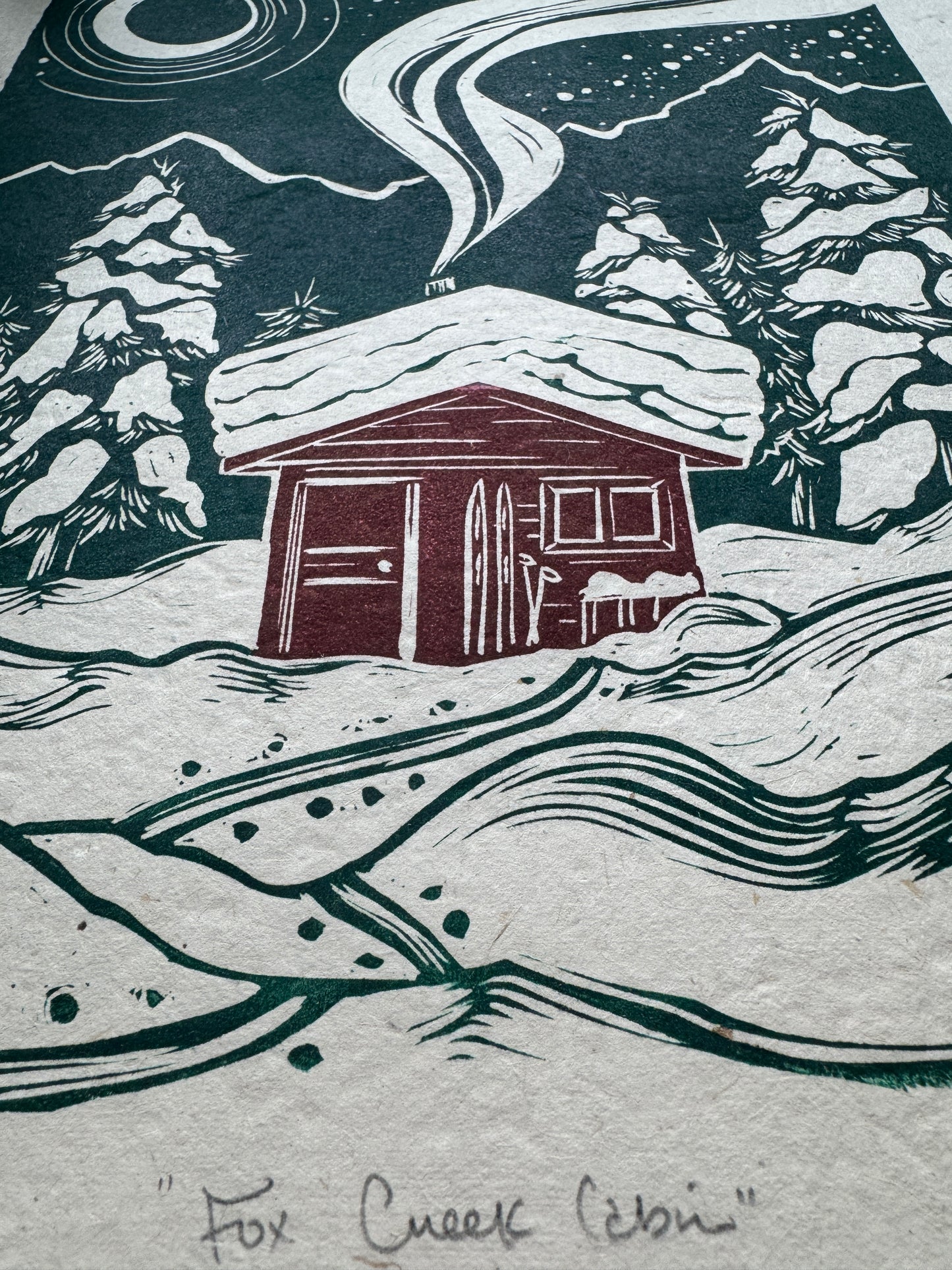 Fox Creek Cabin - SALE - test prints with green ink