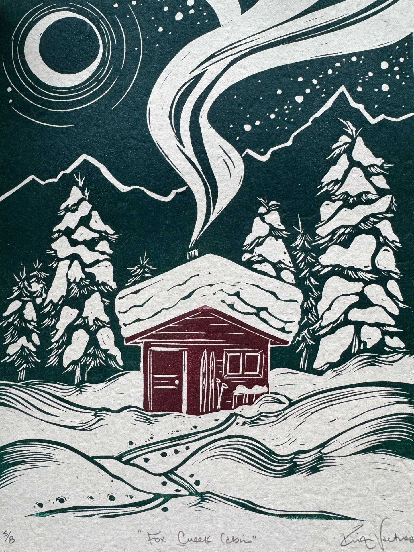 Fox Creek Cabin - SALE - test prints with green ink